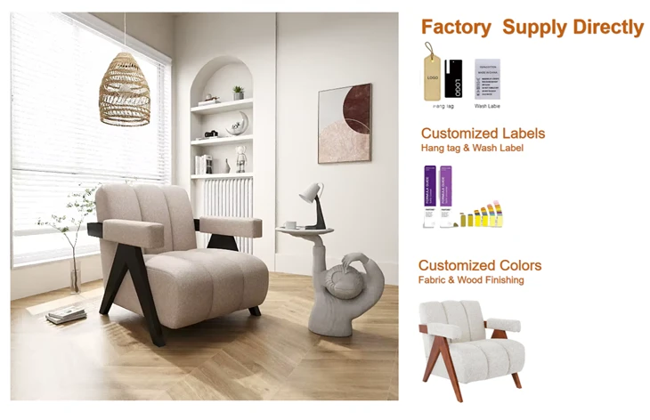 Fotoliu modern tapițat de decor cu cadru din lemn Fotoliu din material pentru sufragerie, balcon, lounge, personalizabil